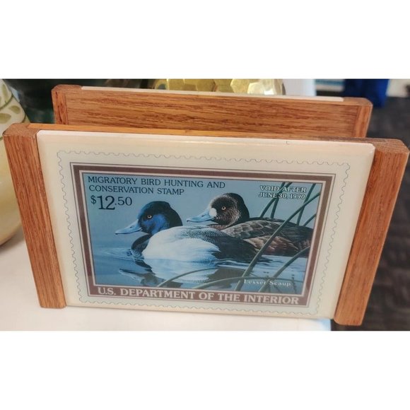 Vtg US Dept Of Interior & Agriculture Bird Duck Stamp Theme Wooden Napkin Holder - Picture 1 of 15